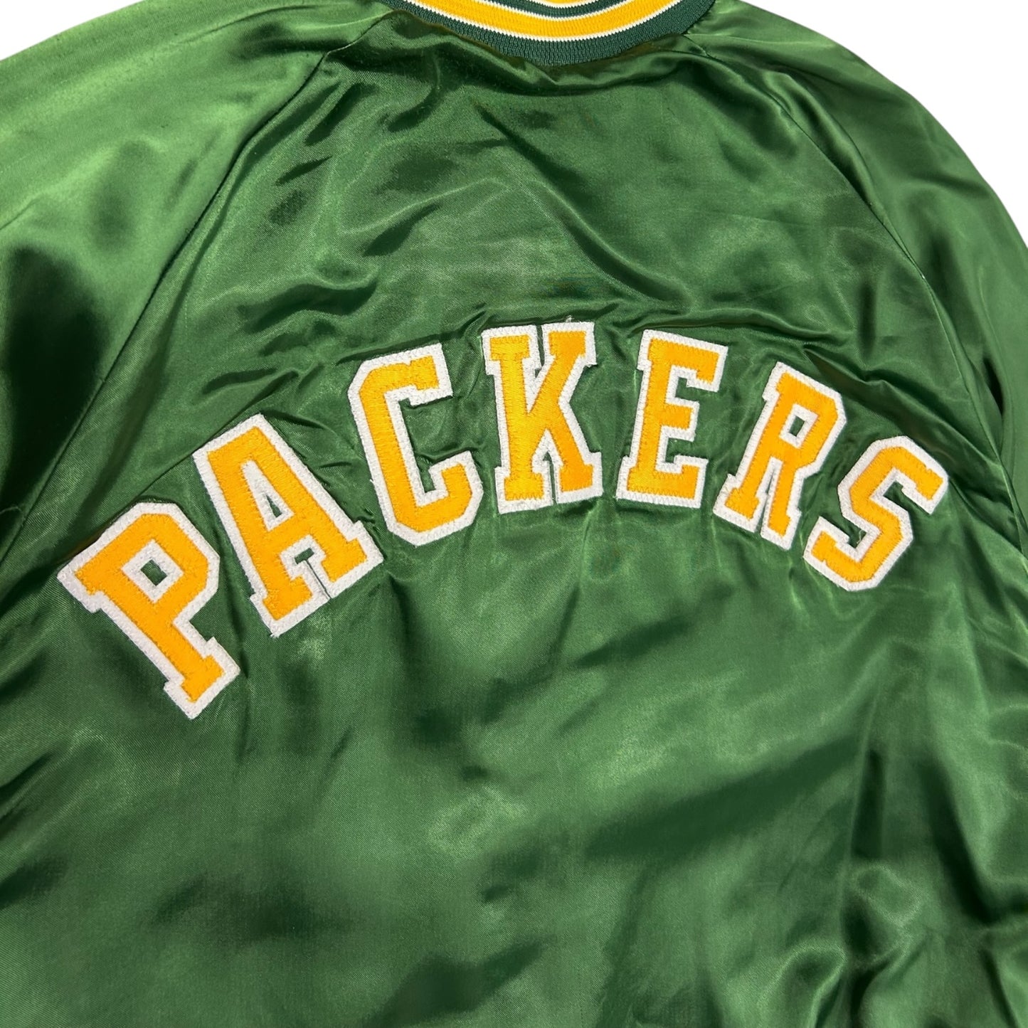 Vintage Chalk Line Patchwork Packers Satin Bomber Jacket