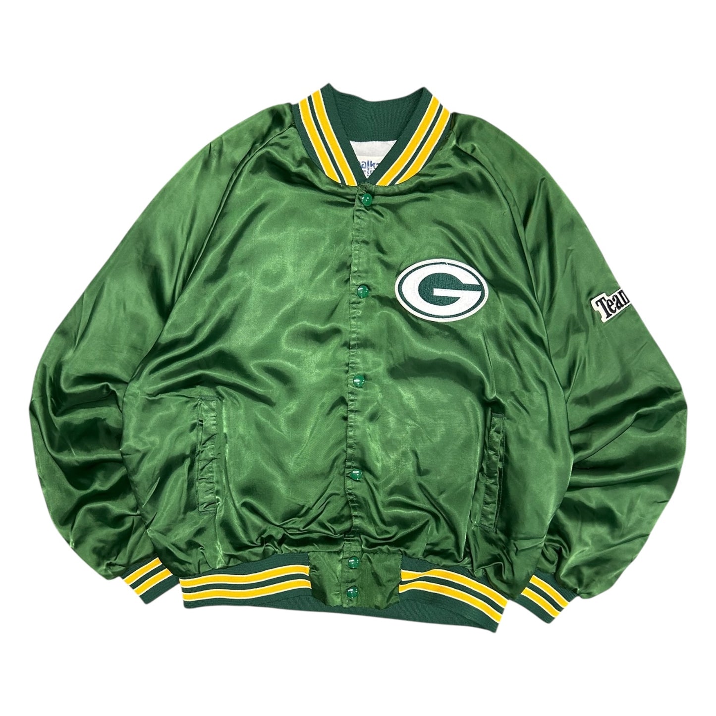 Vintage Chalk Line Patchwork Packers Satin Bomber Jacket