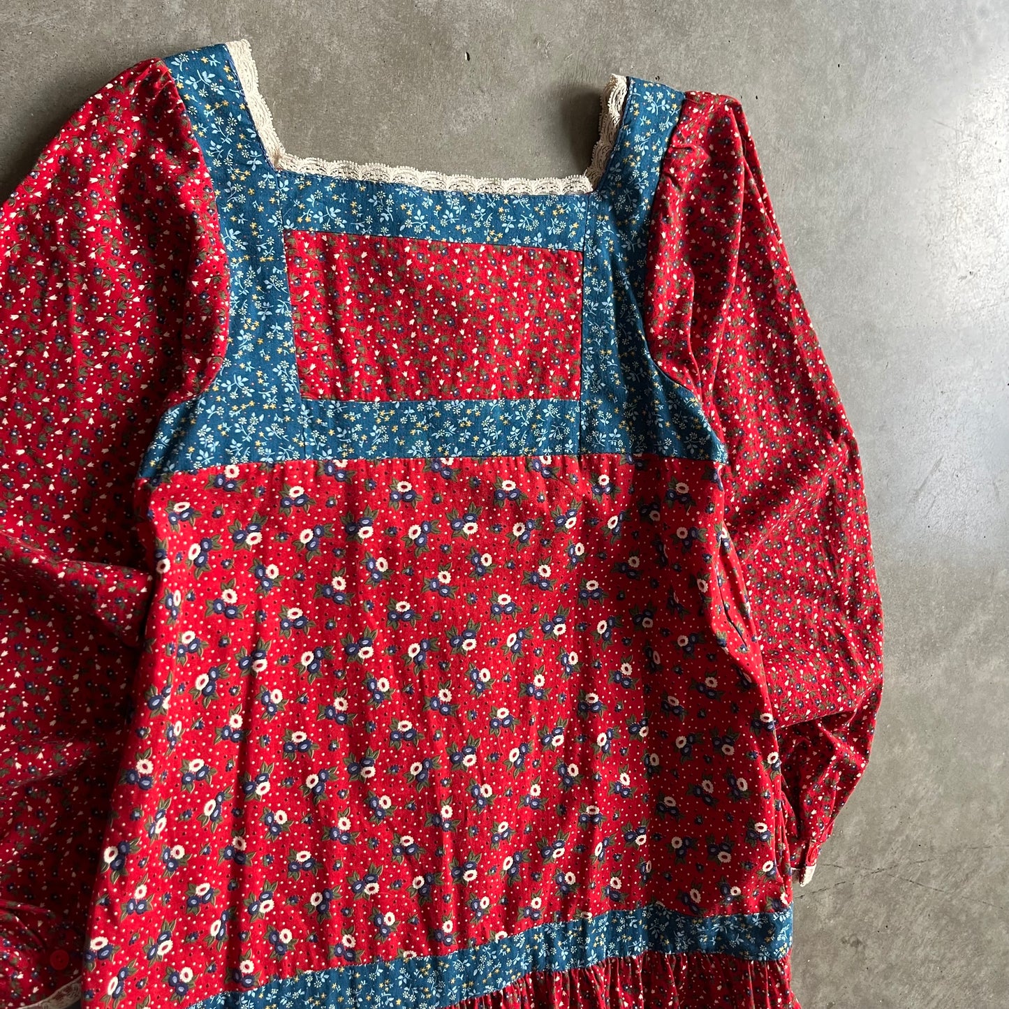 Vintage 70s Gunne Sax Red/Blue Floral Triptych And Polka Dot Prairie Dress