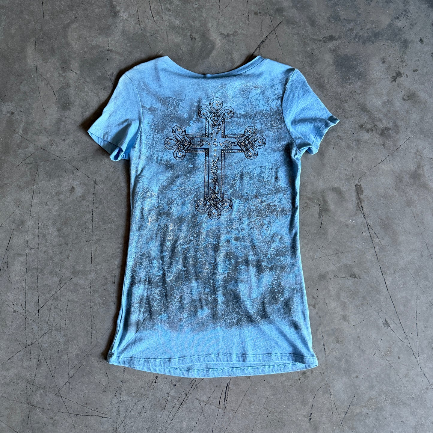 Y2K Vocal Blue/Silver Tattoo Grunge Cross Tee