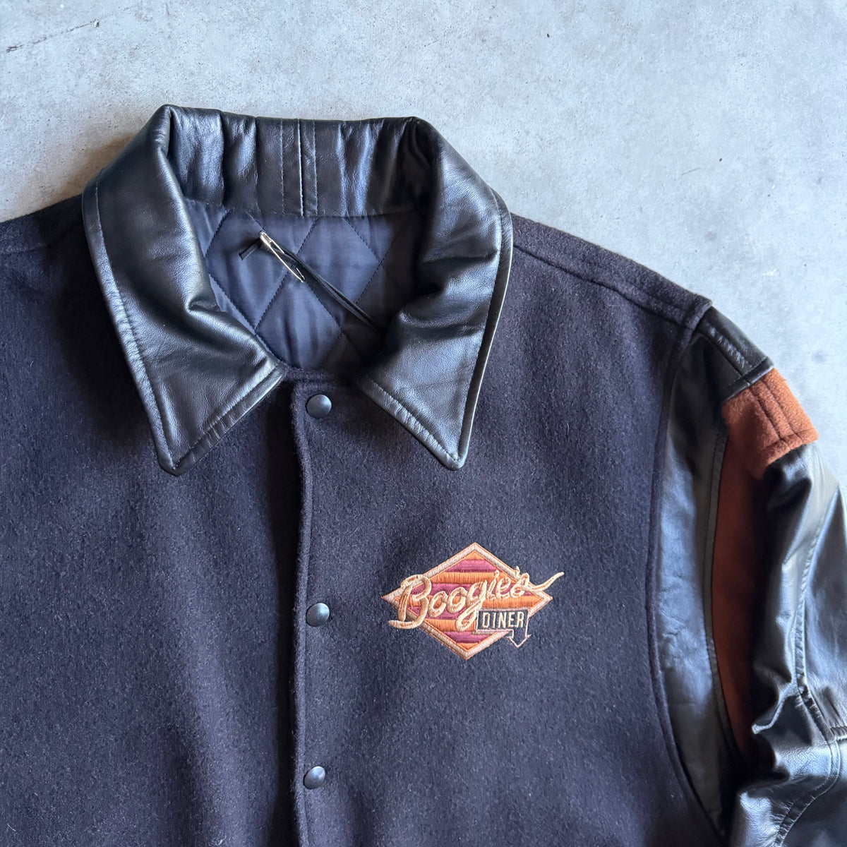 Vintage Boogie’s Diner Leather Arm Wool Varsity Jacket