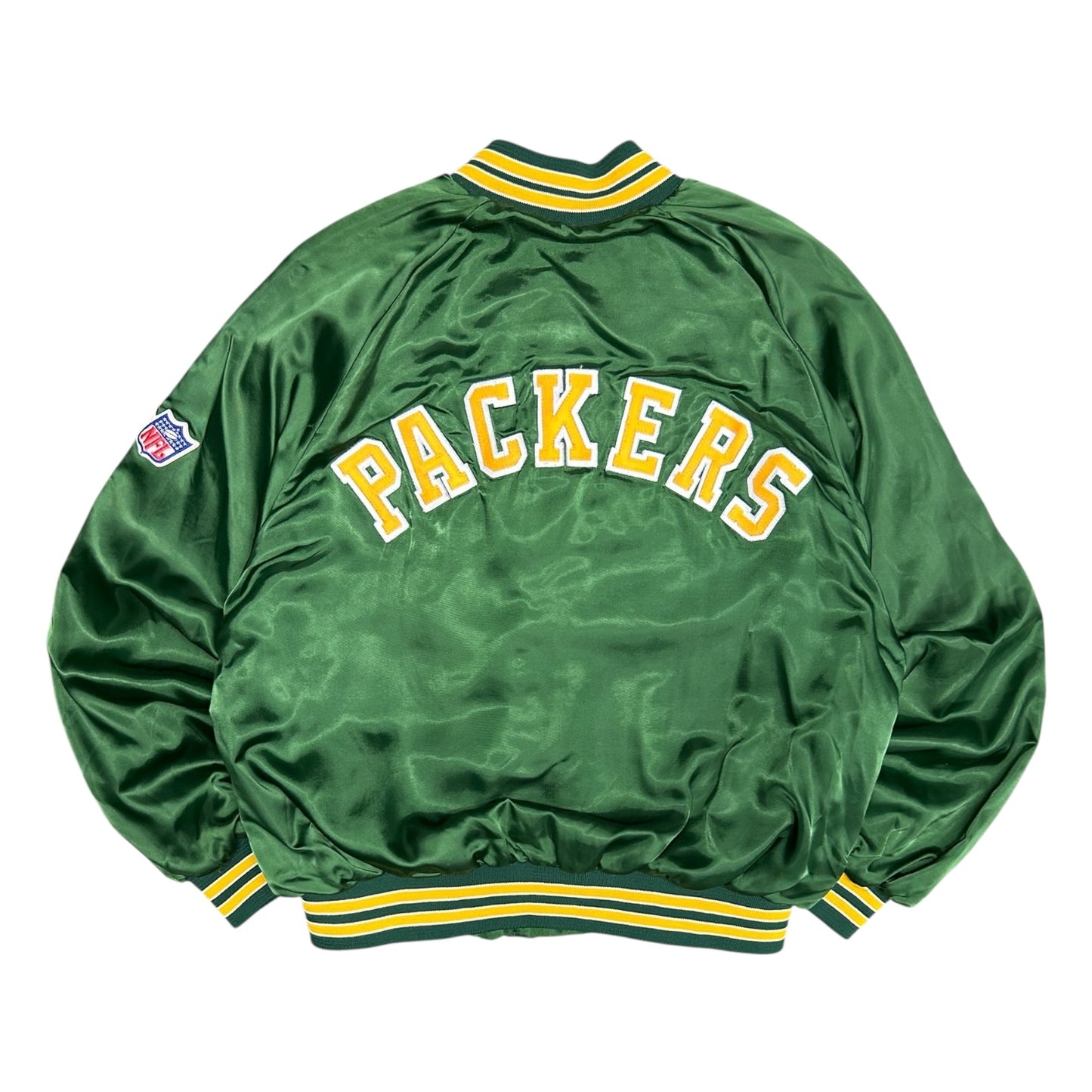 Vintage Chalk Line Patchwork Packers Satin Bomber Jacket
