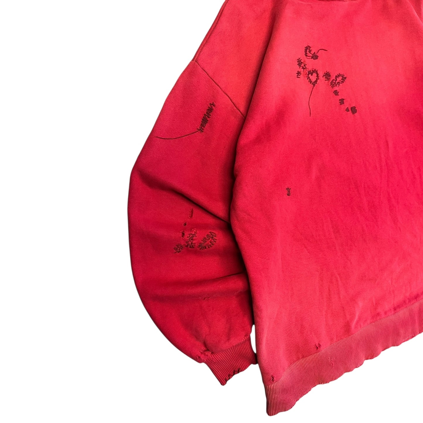 Acne Studios Distressed Heart Embroidered Red Hoodie