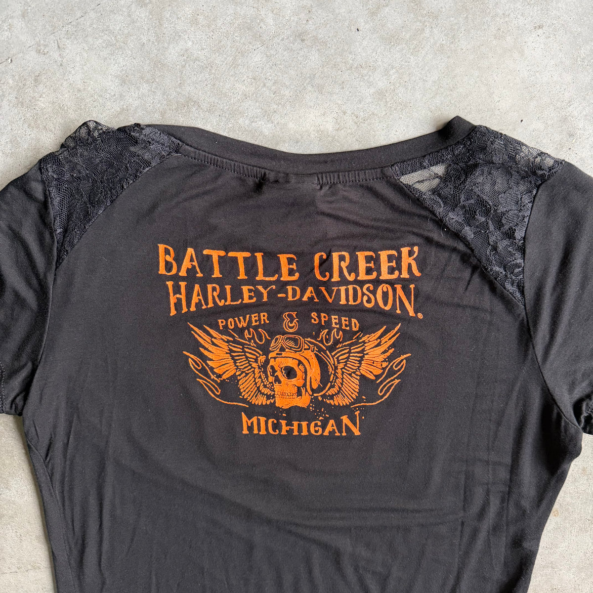 Women’s Harley Davidson Black/Orange Spellout Tee