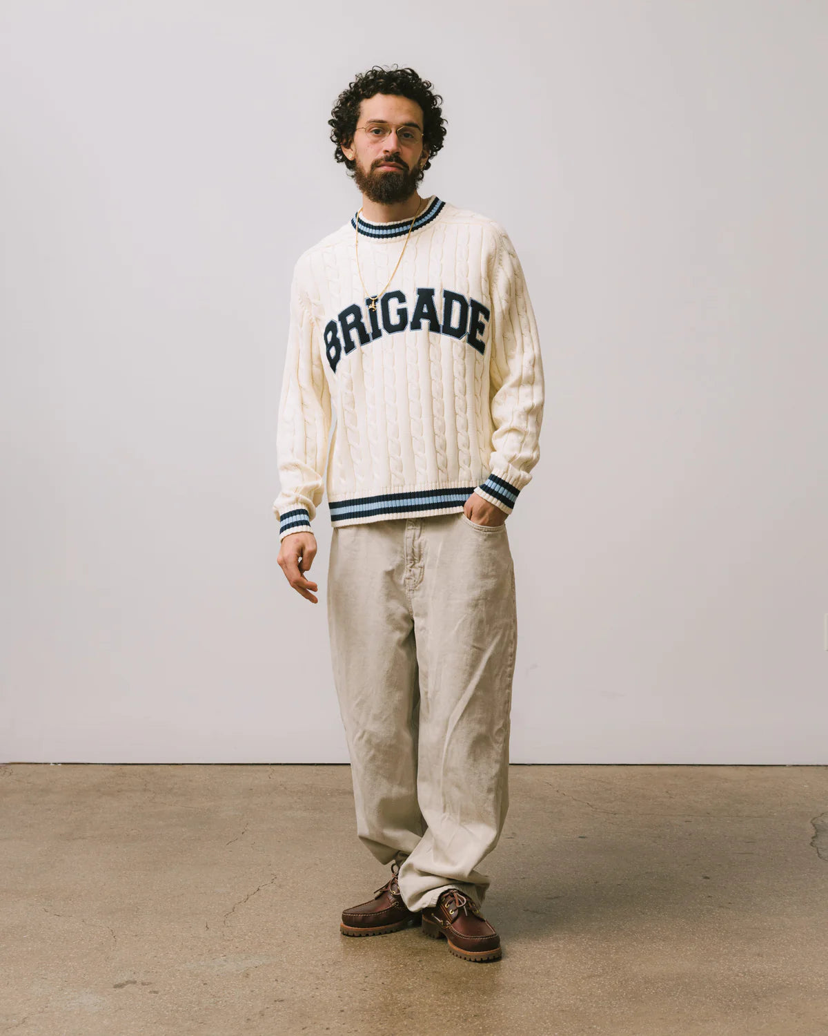 Brigade - Varsity Cable Knit Sweater(White)