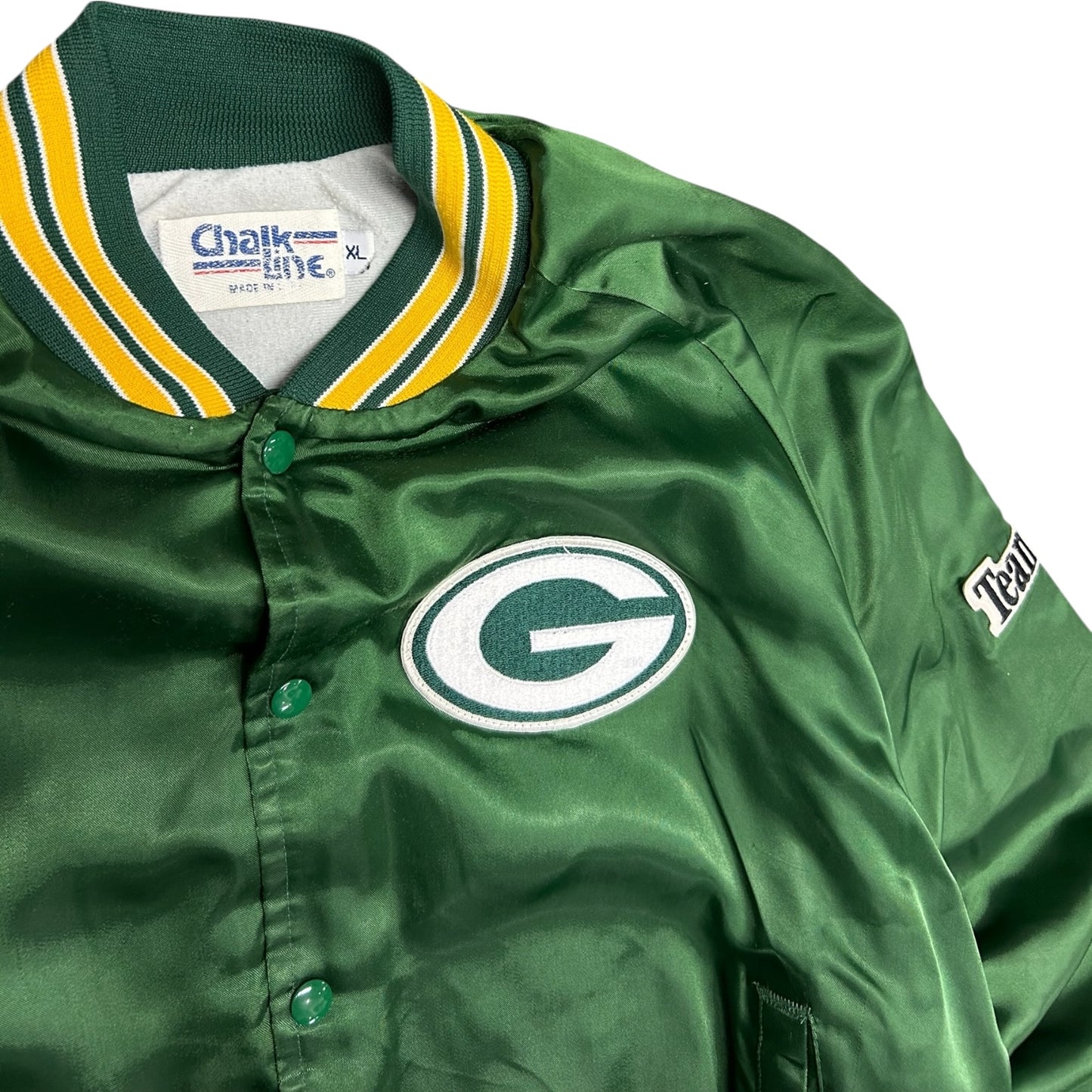 Vintage Chalk Line Patchwork Packers Satin Bomber Jacket