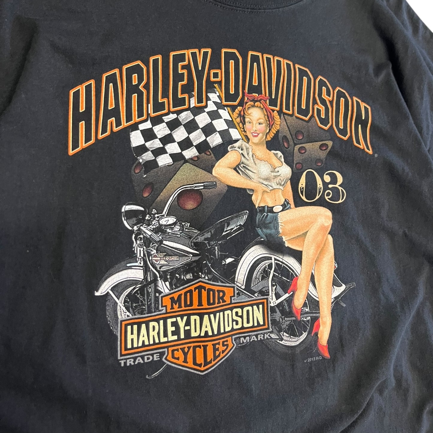 Y2K Big Barn Harley Davidson Checkered Flag Women Tee