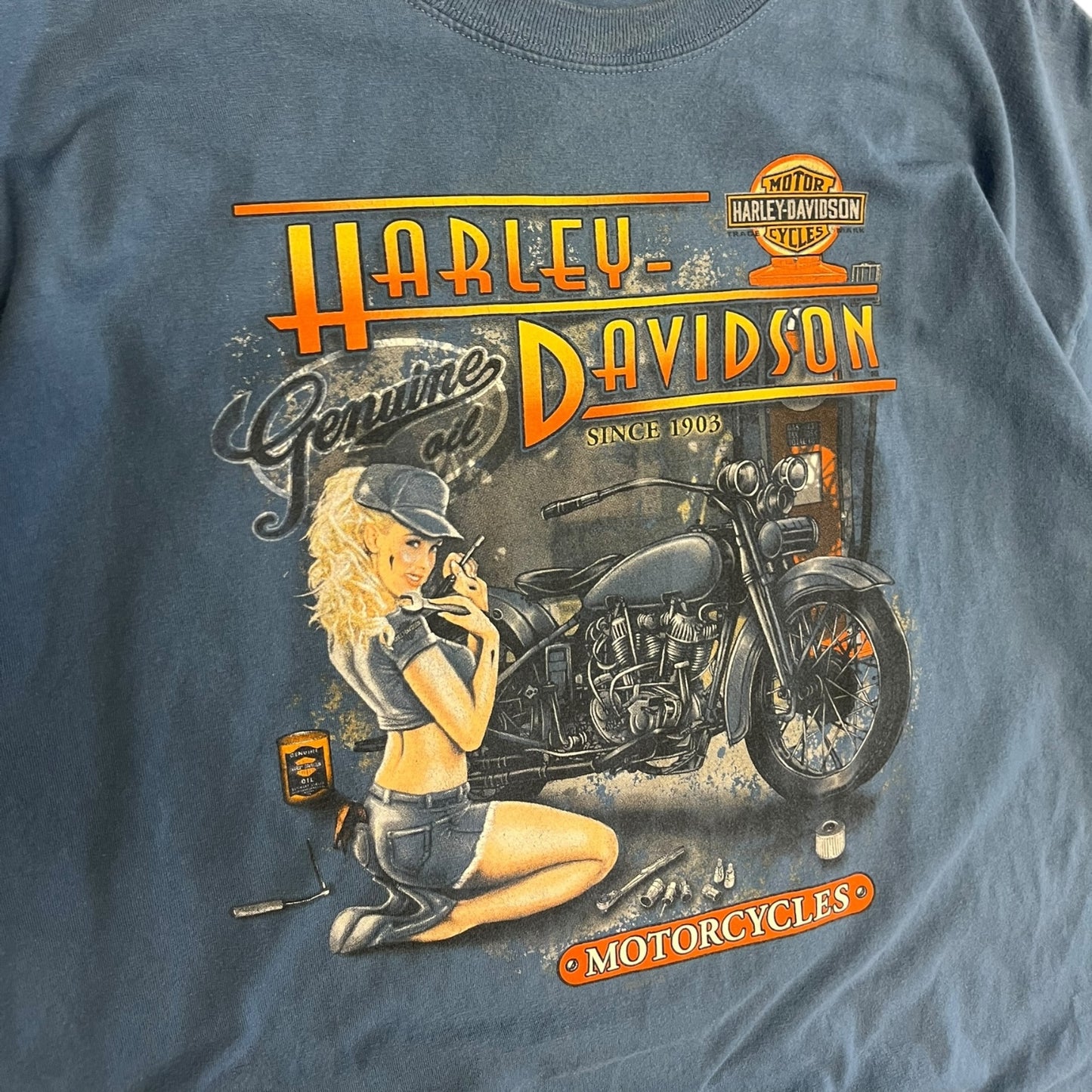 Harley Davidson Genuine Oil Pin Up Girl Blue T Shirt
