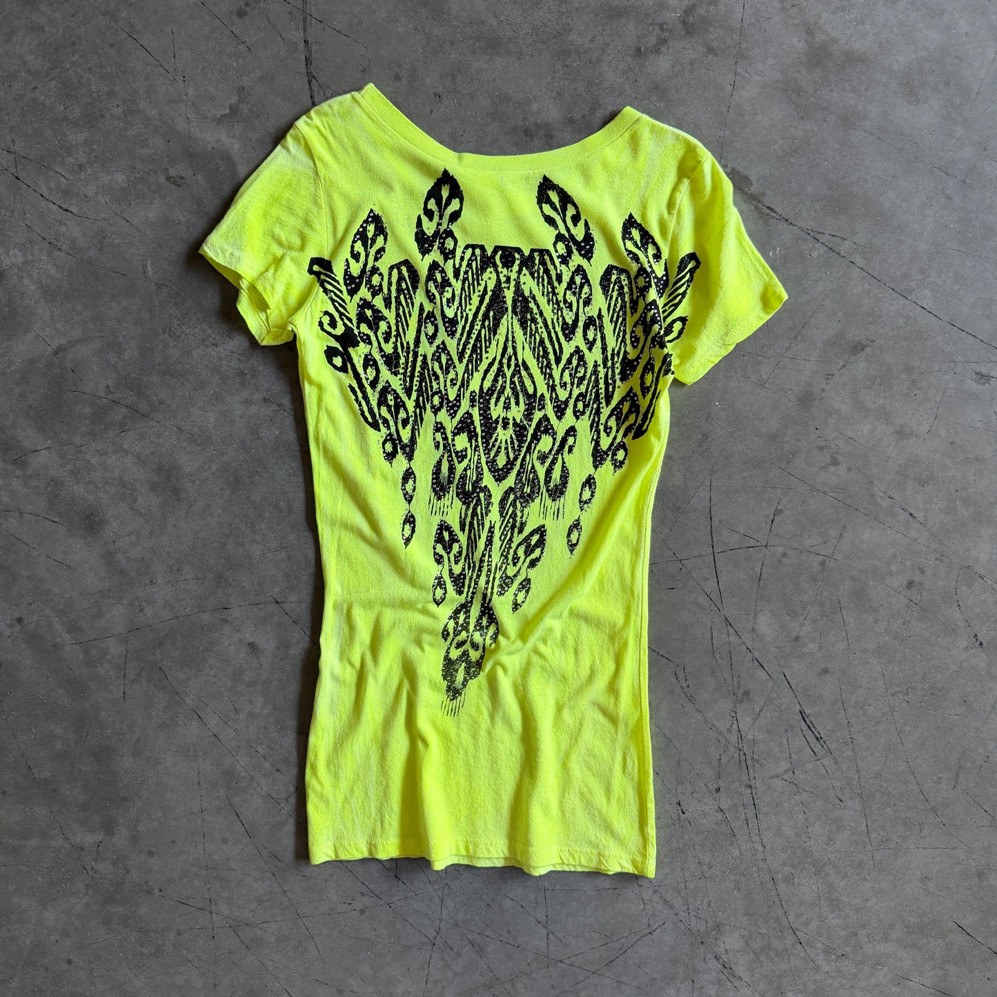 Y2K Vocal Neon Yellow Rhinestone Cheetah Print Tee