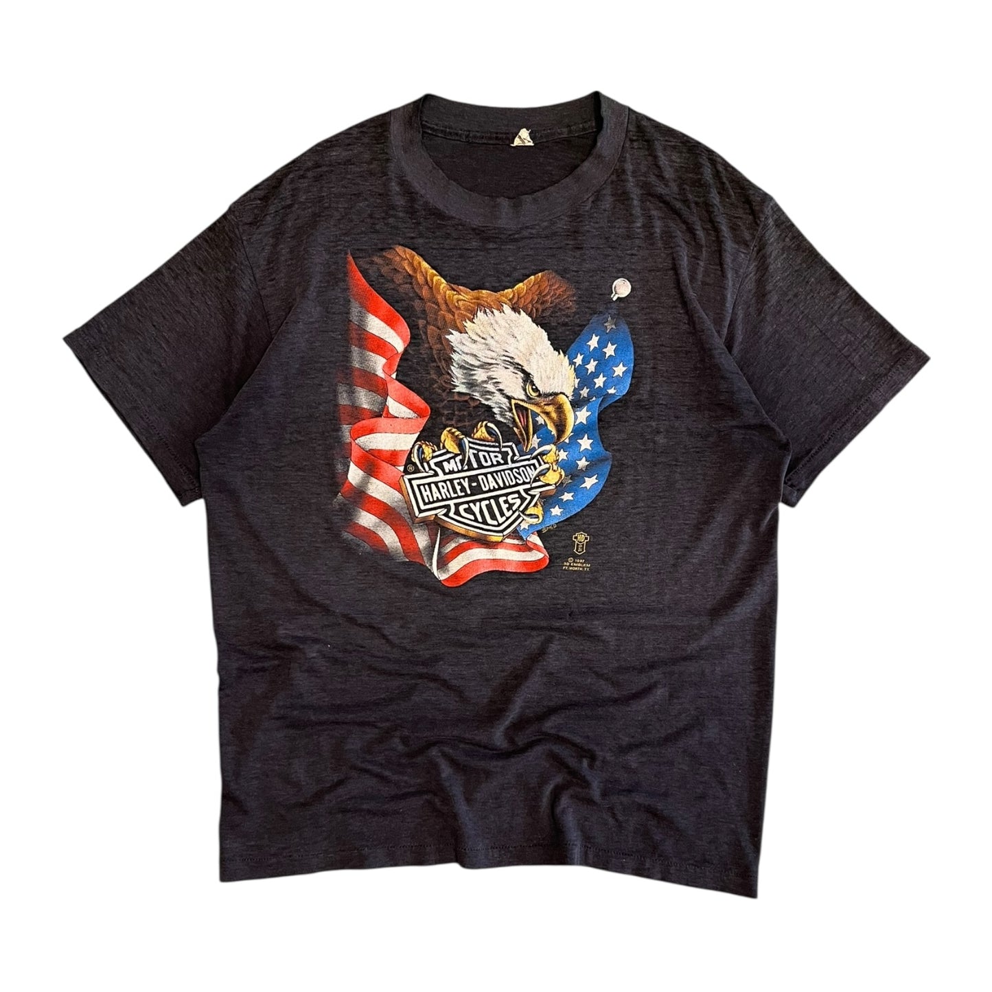 Vintage 1987 Harley Davidson 3D Emblem Eagle USA Flag Tee