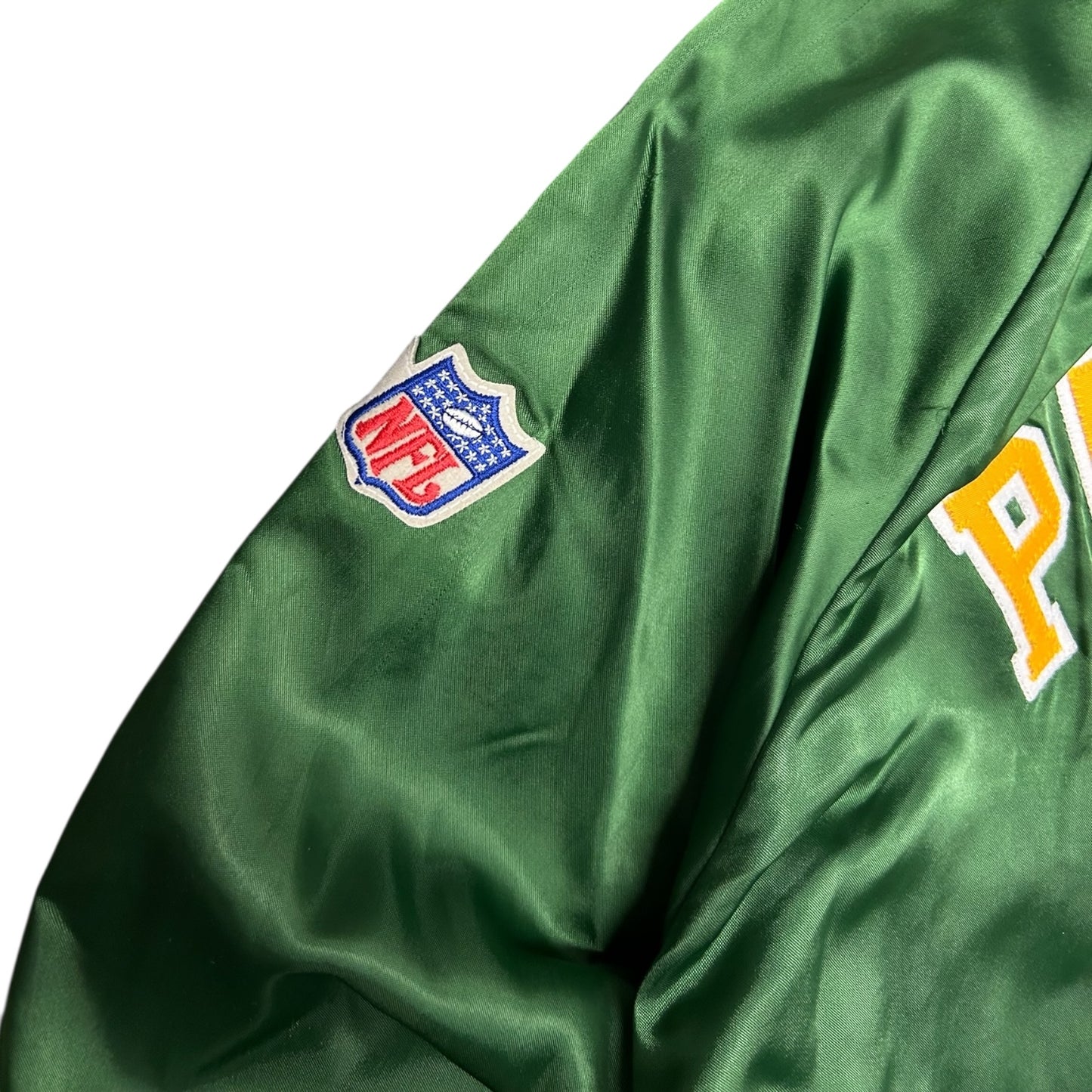 Vintage Chalk Line Patchwork Packers Satin Bomber Jacket