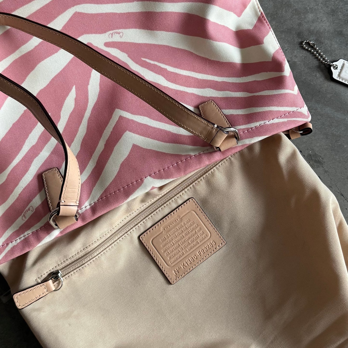 Coach Zebra Stripe Tote Shoulder Bag Pink/Tan
