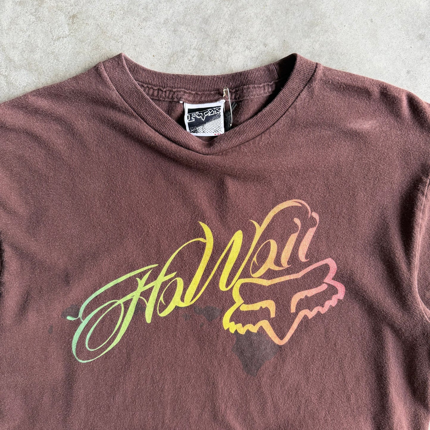 Y2K Fox “Hawaii” Rainbow Spell-Out & Logo Chocolate Tee