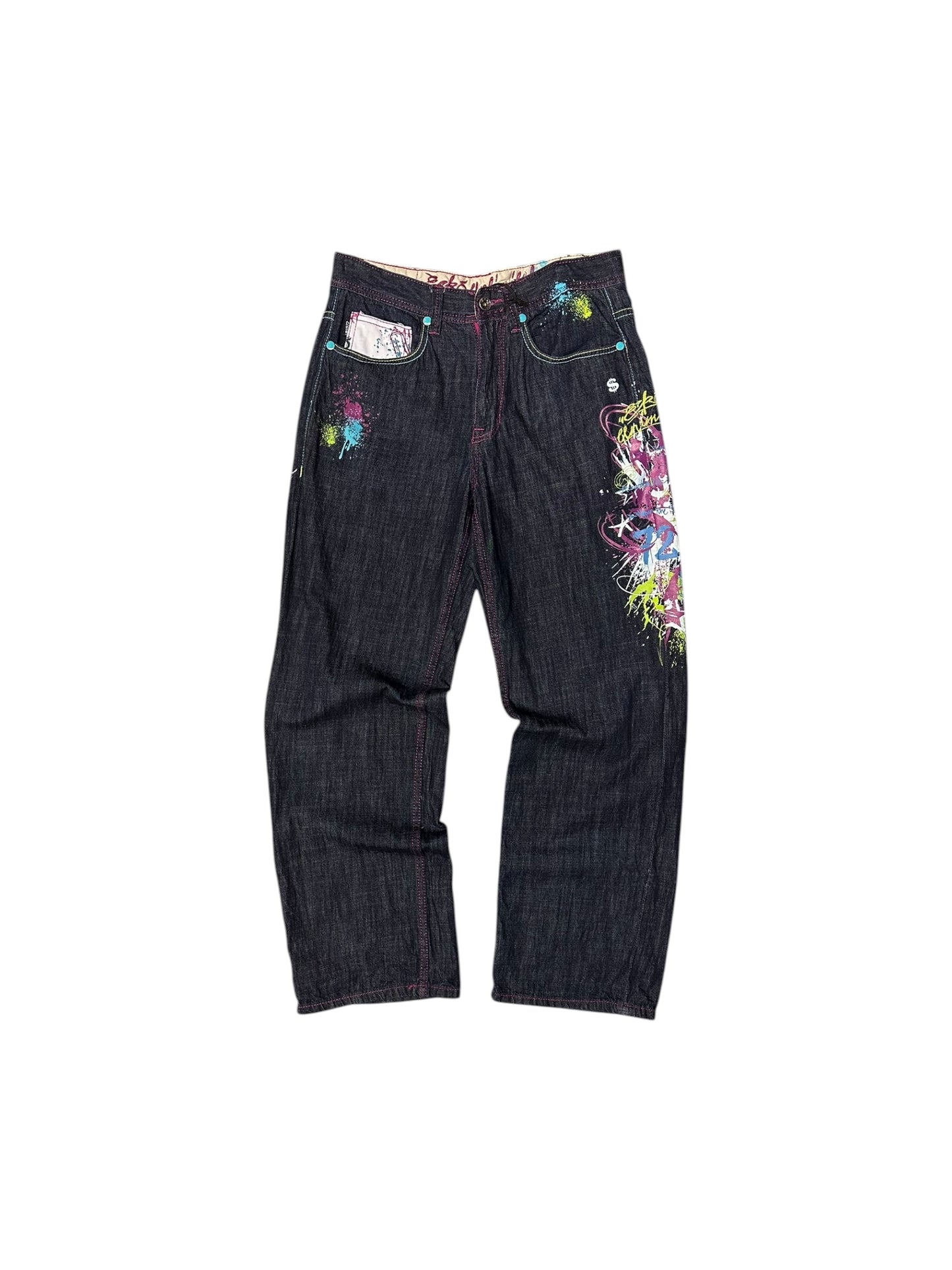 Echo Unlimited Y2K Baggy Fit Purple/Green Grafiti Print Jeans