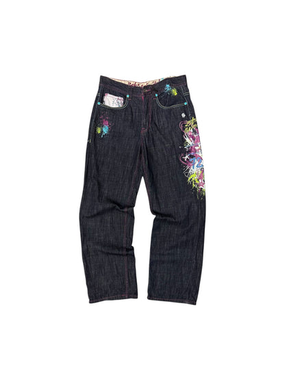 Echo Unlimited Y2K Baggy Fit Purple/Green Grafiti Print Jeans