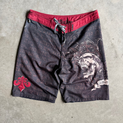 Y2K Affliction Black/Red Skull Graphic Board Shorts