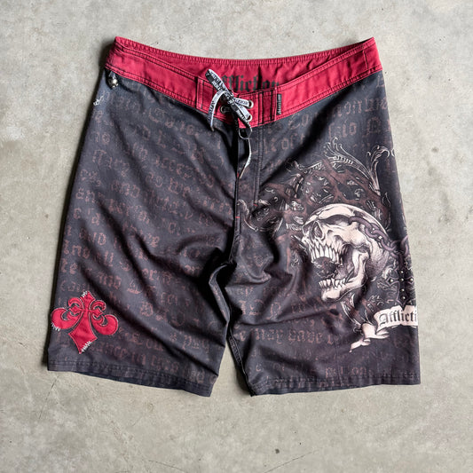 Y2K Affliction Black/Red Skull Graphic Board Shorts