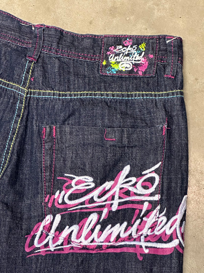 Echo Unlimited Y2K Baggy Fit Purple/Green Grafiti Print Jeans