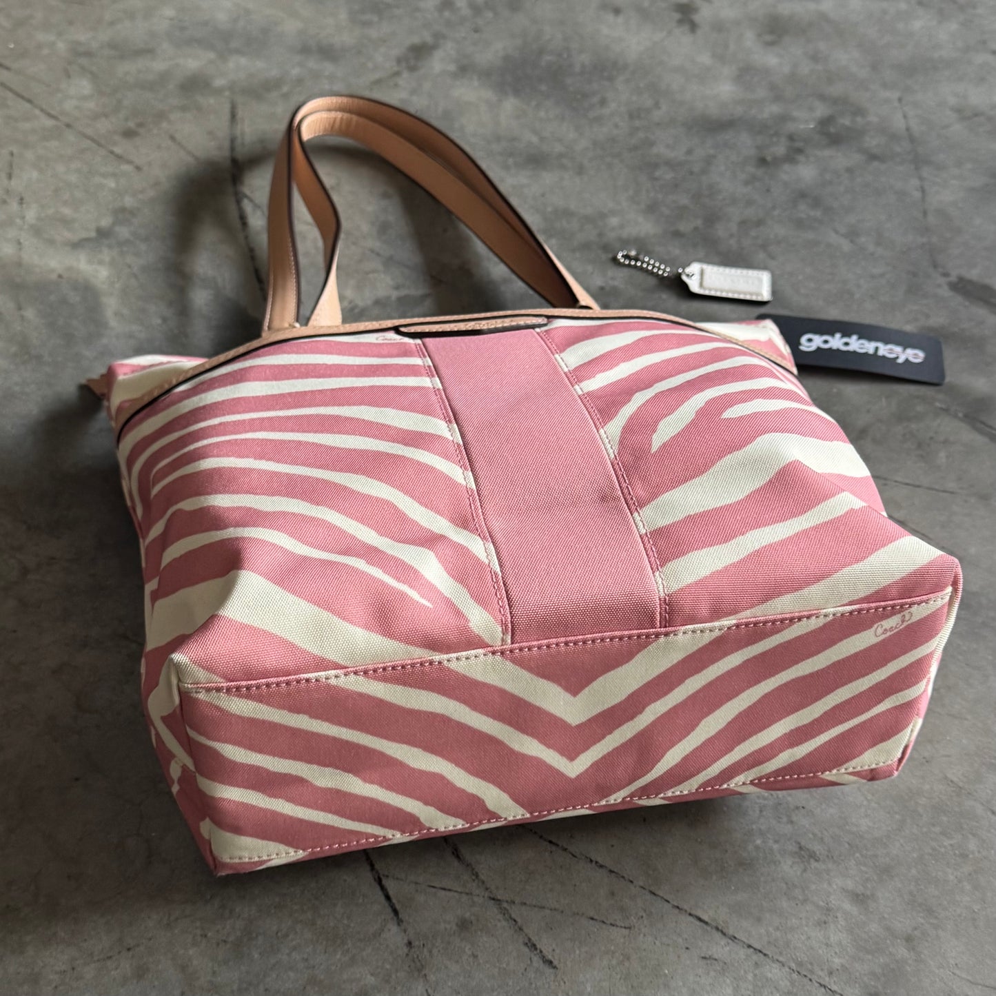 Coach Zebra Stripe Tote Shoulder Bag Pink/Tan
