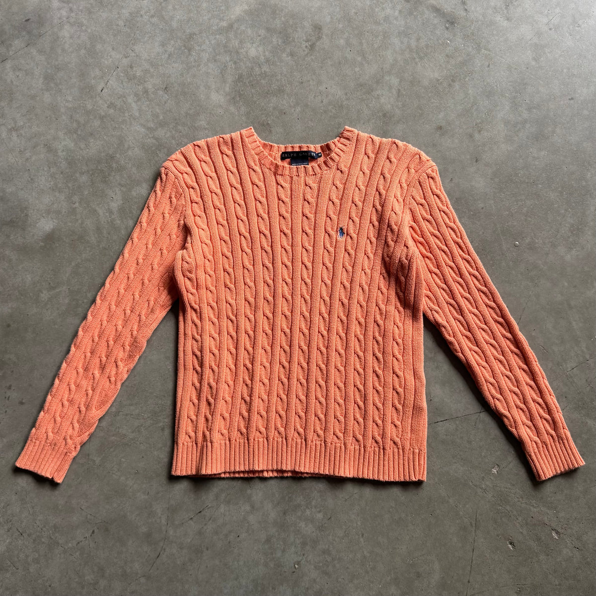 Women’s Vintage Ralph Lauren Cable Knit Peach Sweater w/Blue Pony