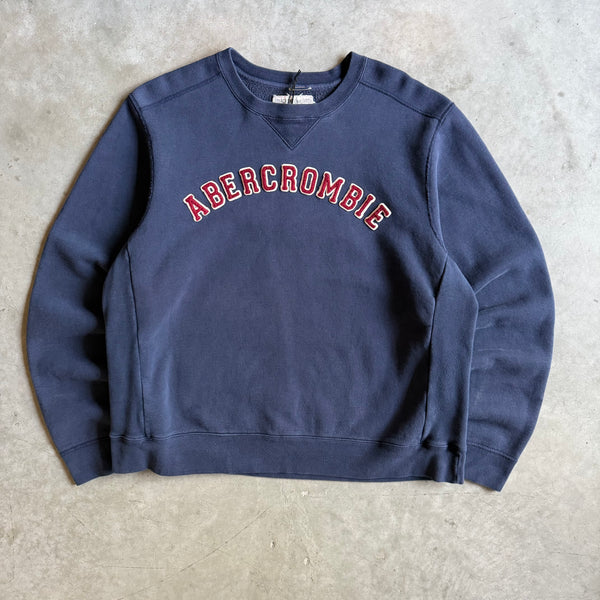 Y2K Abercrombie Navy Blue Chenille Spellout Reverse Weave Crew Neck