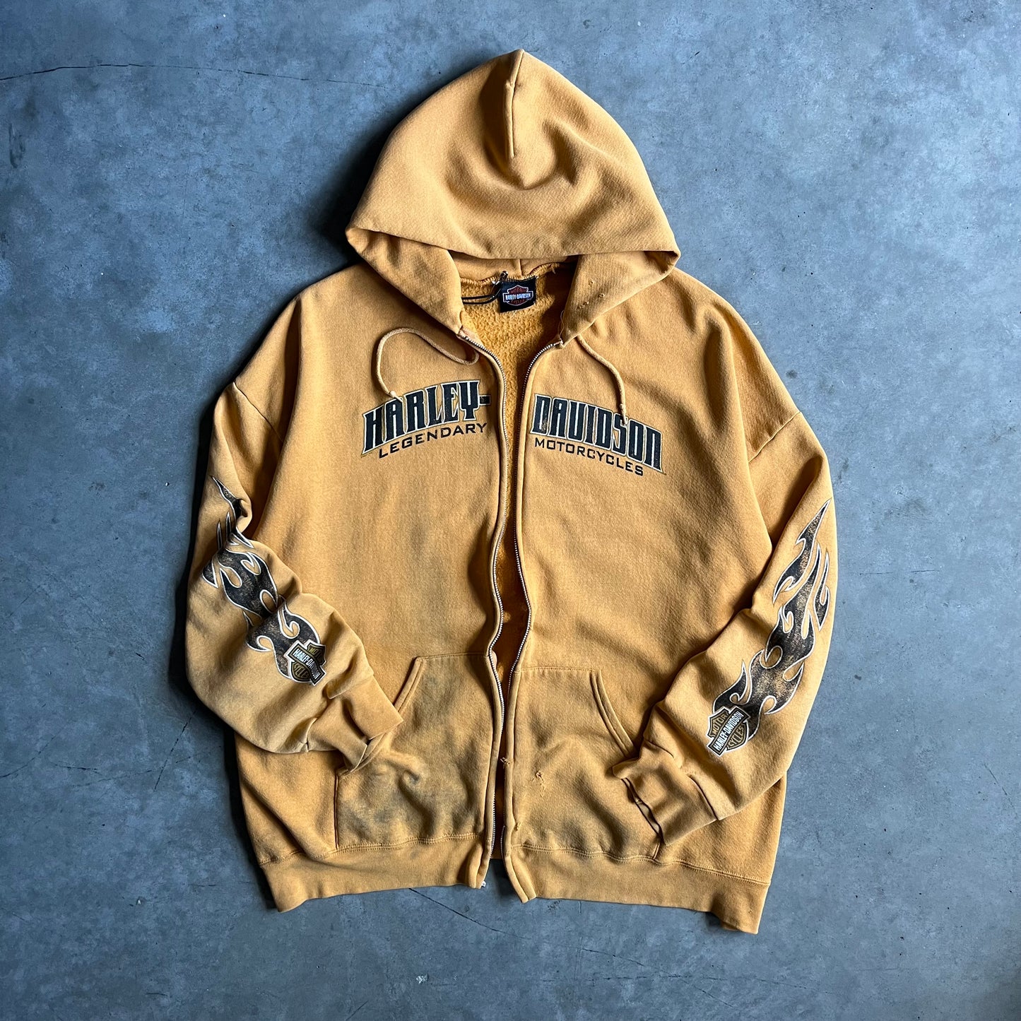 Vintage Harley Davidson Thrashed Yellow Flame Sleeve Zip Up Hoodie
