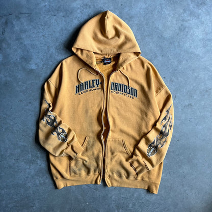 Vintage Harley Davidson Thrashed Yellow Flame Sleeve Zip Up Hoodie