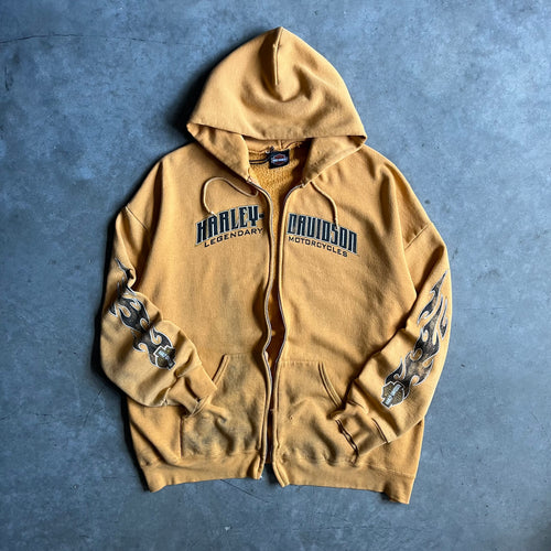 Vintage Harley Davidson Thrashed Yellow Flame Sleeve Zip Up Hoodie