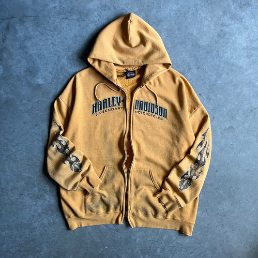 Vintage Harley Davidson Thrashed Yellow Flame Sleeve Zip Up Hoodie