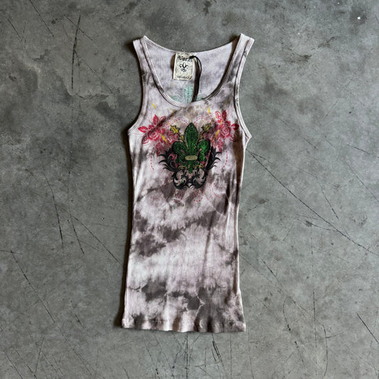 Y2K Vocal Grey Tie Dye Rhinestone Fleur Tank