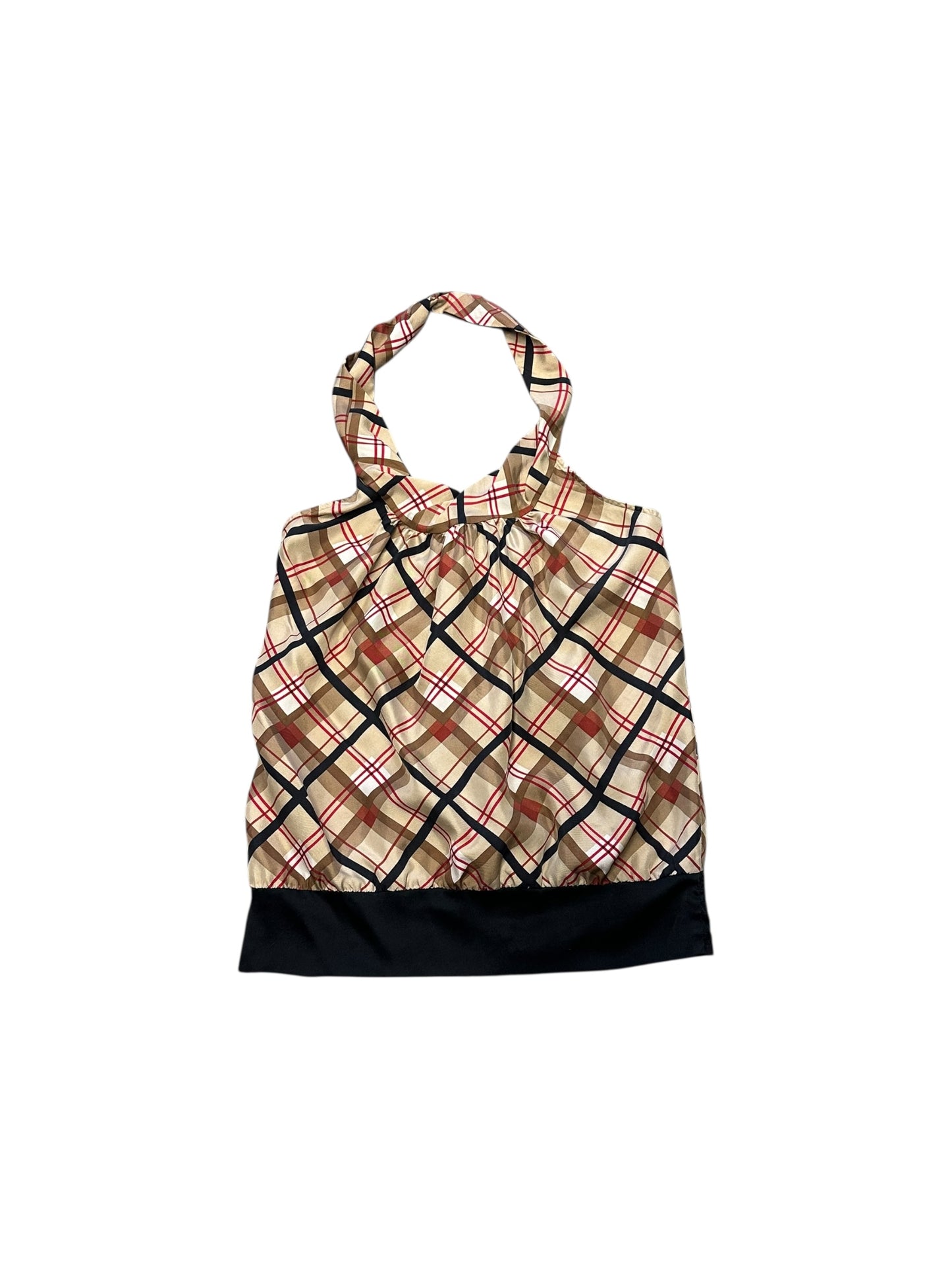 Women’s Y2K Bebe Tan/Red/Black Patterned Silk Halter Top