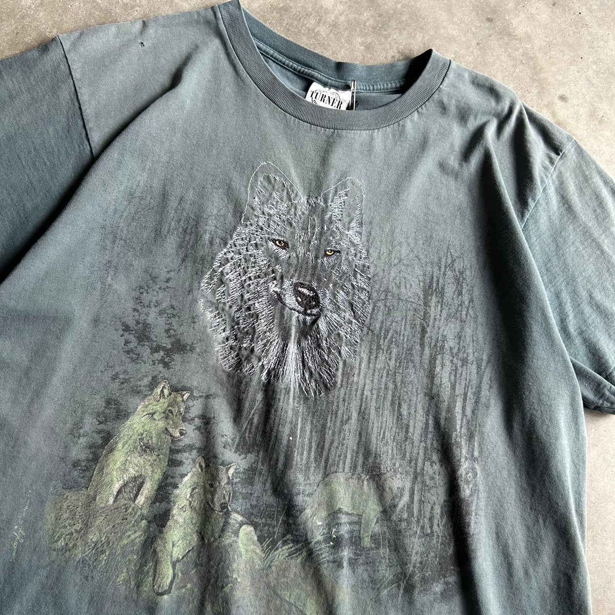 Vintage Wolf Forest Scenery W/ Embroidered Wolf Face Tee