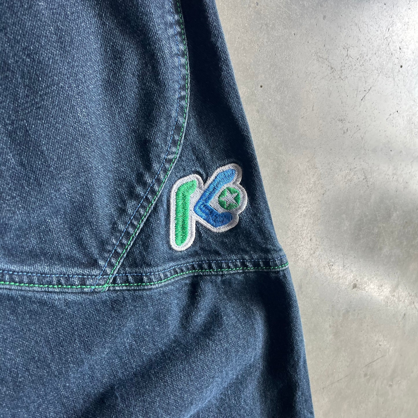 Vintage Kikwear Wide Leg Rave Jeans Blue/Green Stitching