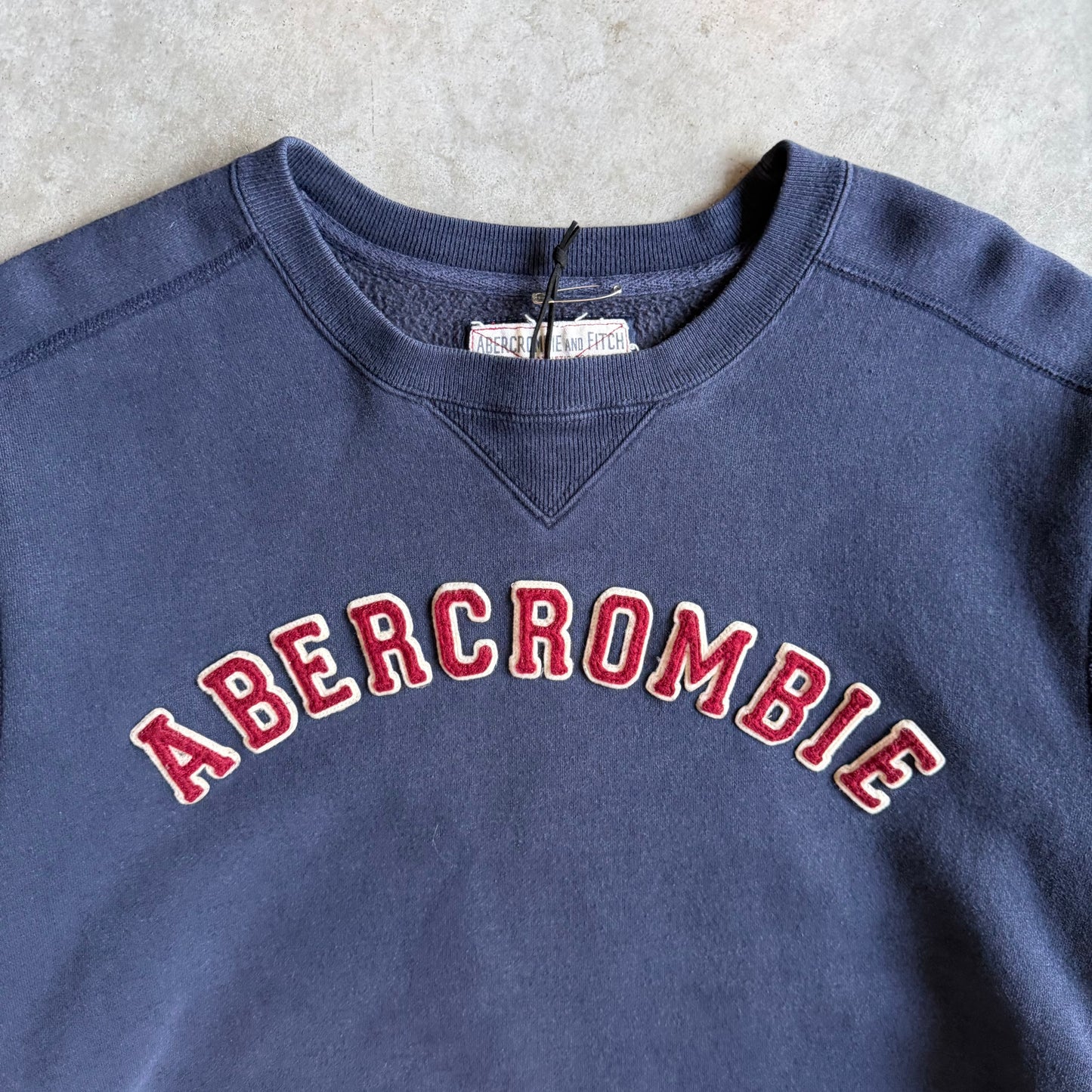 Y2K Abercrombie Navy Blue Chenille Spellout Reverse Weave Crew Neck