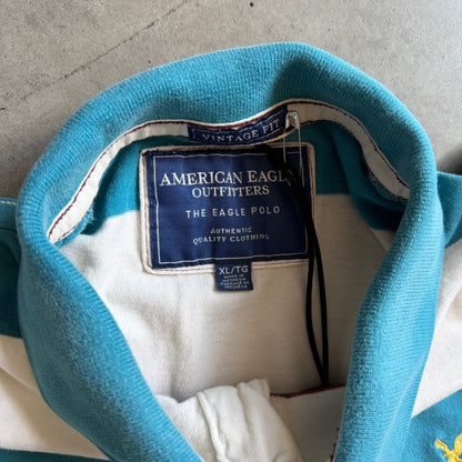 Y2K American Eagle Vintage Fit Teal & White Stripped Polo