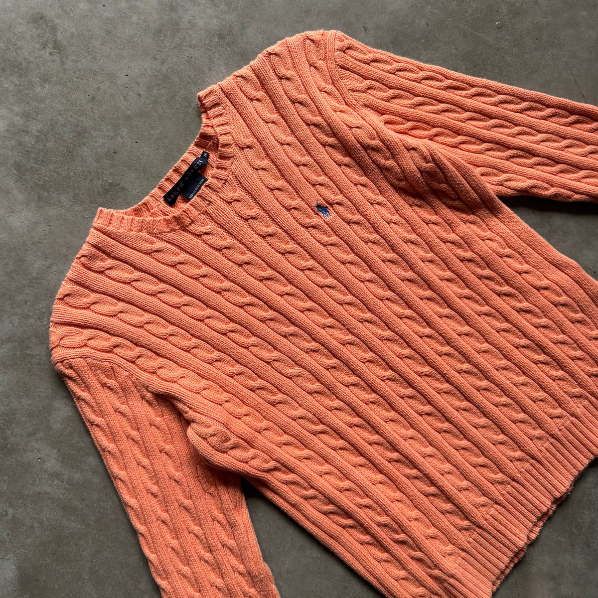 Women’s Vintage Ralph Lauren Cable Knit Peach Sweater w/Blue Pony
