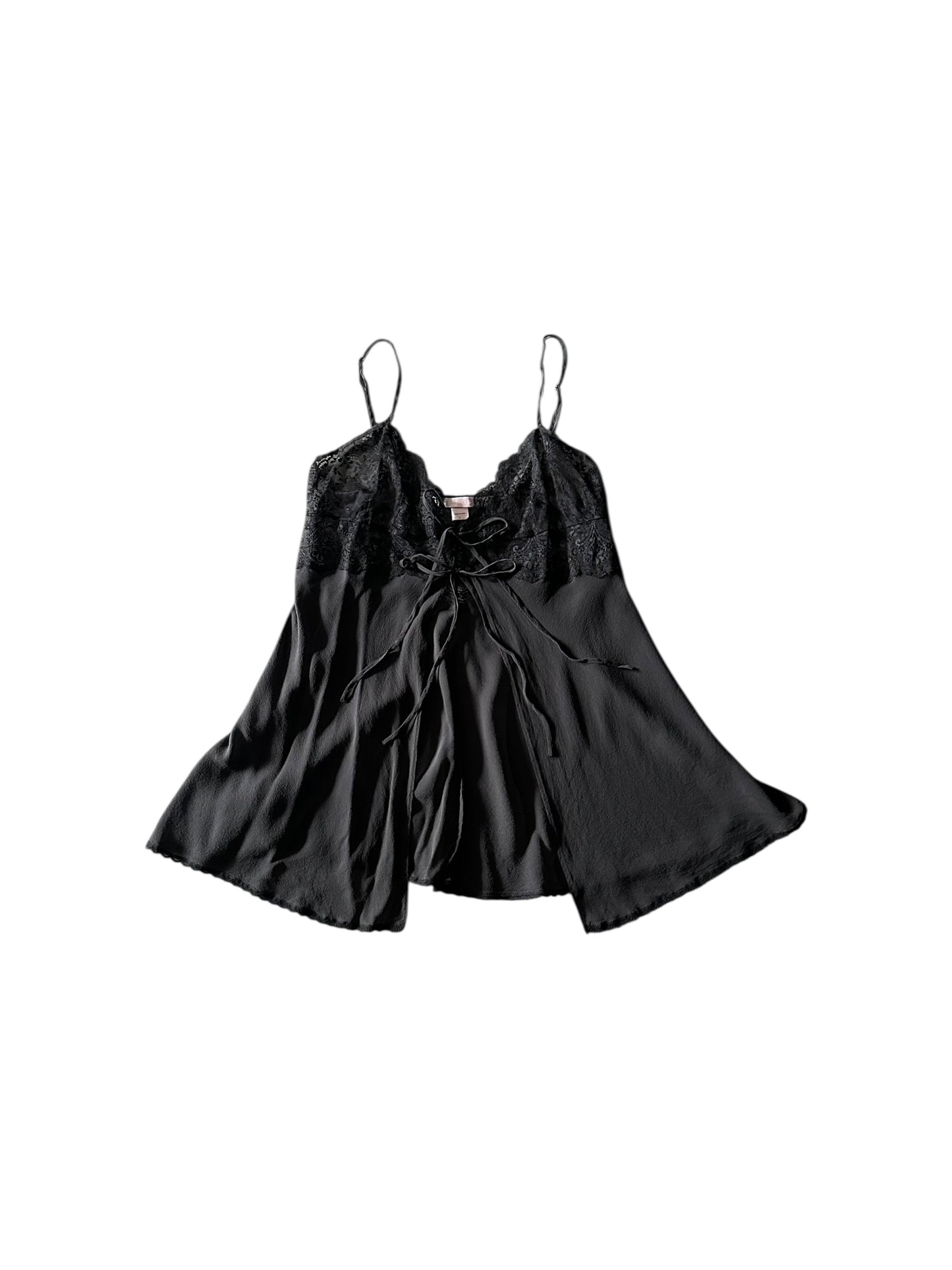 Women’s Y2K 100% Silk Victoria Secret Black Babydoll Camisole With Tie Closures