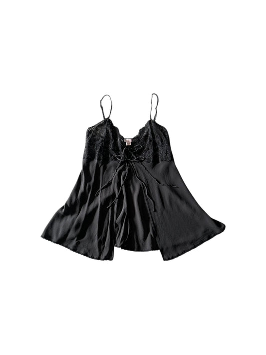 Women’s Y2K 100% Silk Victoria Secret Black Babydoll Camisole With Tie Closures