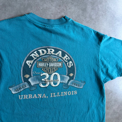Vintage Andreas Harley Davidson Teal Spell-Out Tee