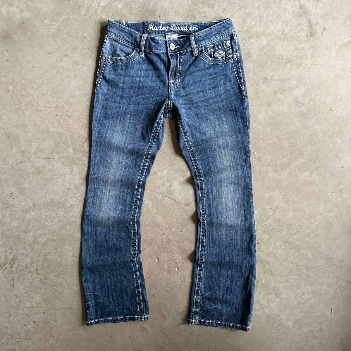 Women’s Harley Davidson Medium Wash Boot Cut Flairs w/Angel Wing Embroidery