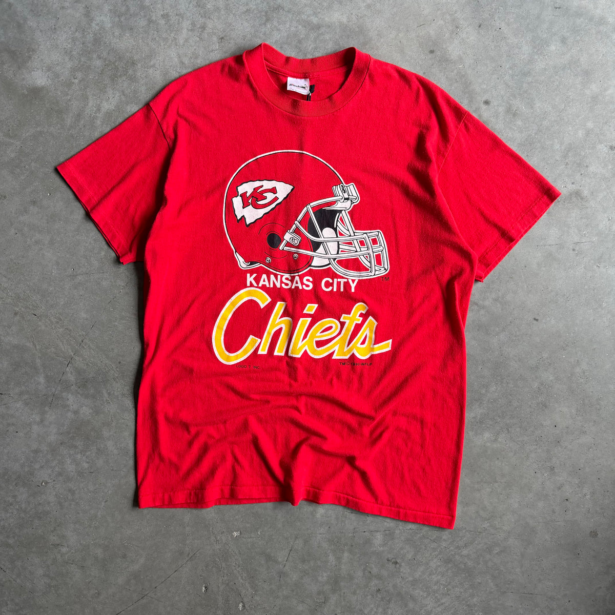 1990 Kansas City Chiefs Big Helmet Red Logo 7 Tee