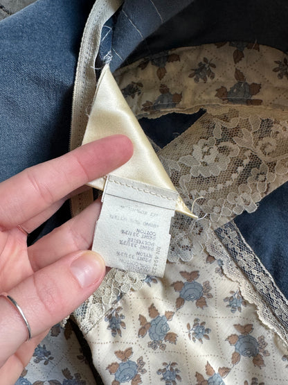 Vintage Gunne Sax 70s Blue Velvet And Cabbage Rose Prairie Dress With Tie Back