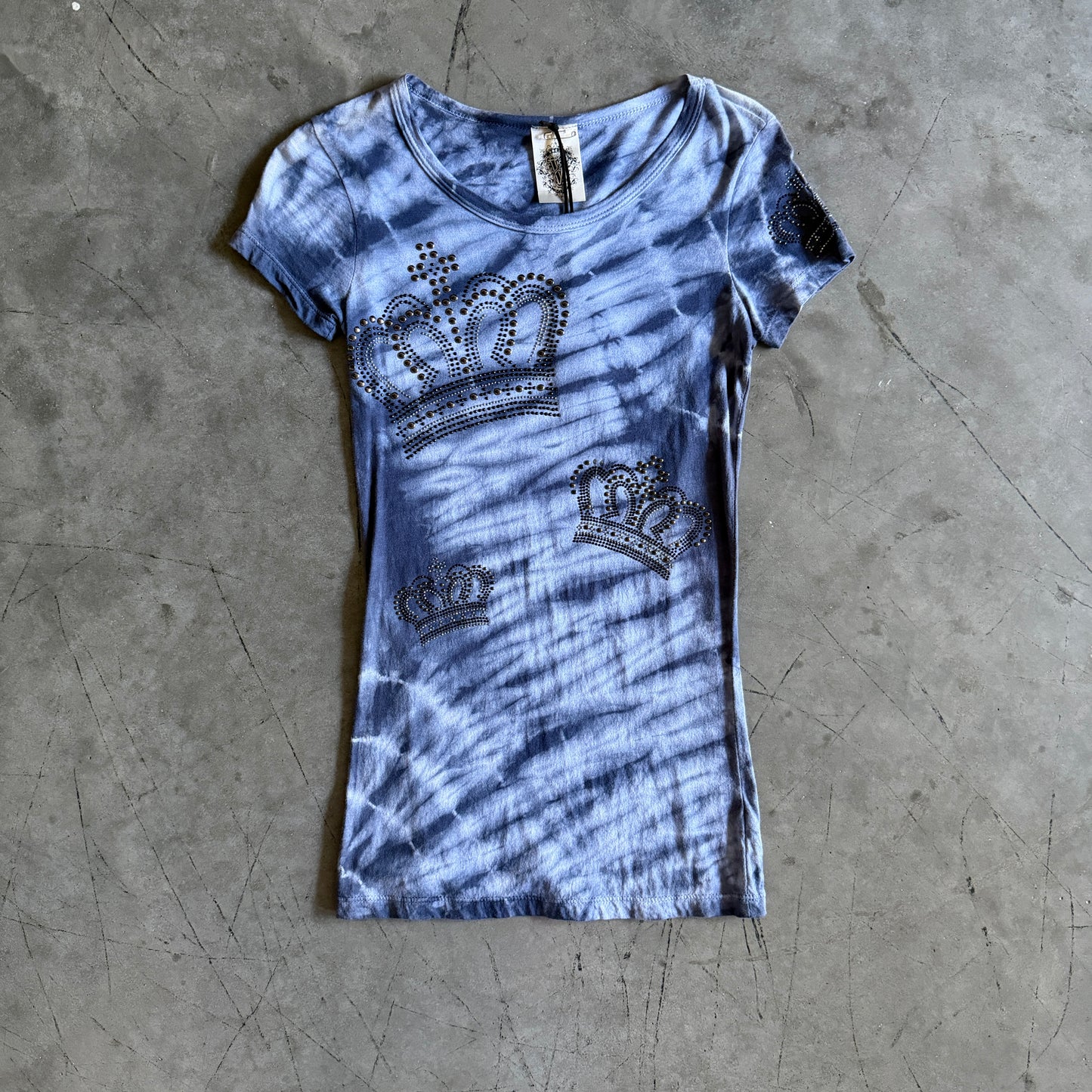 Y2K Vocal Blue Tie Dye Rhinestone Crown Fitted Tee