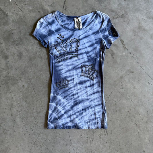 Y2K Vocal Blue Tie Dye Rhinestone Crown Fitted Tee