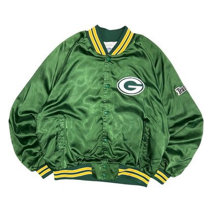 Vintage Chalk Line Patchwork Packers Satin Bomber Jacket