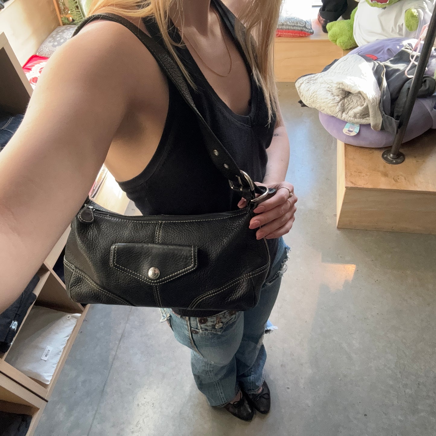 Y2K Fossil Black East West Baguette Bag Pebbled Leather