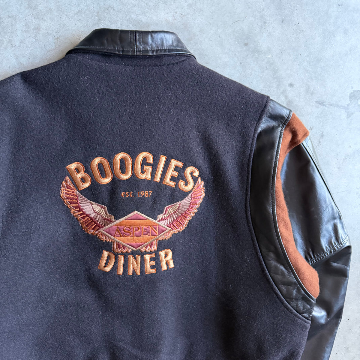 Vintage Boogie’s Diner Leather Arm Wool Varsity Jacket