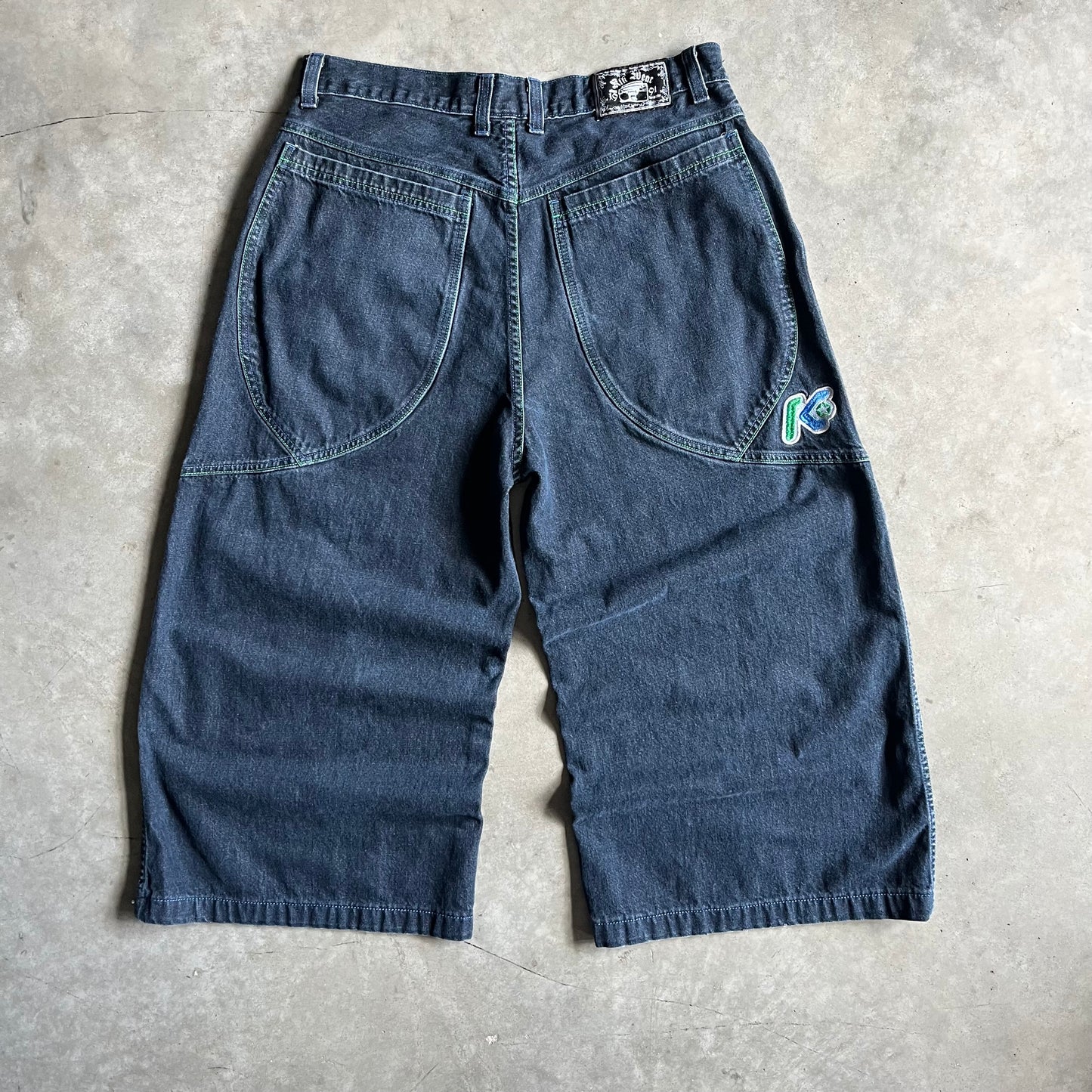 Vintage Kikwear Wide Leg Rave Jeans Blue/Green Stitching