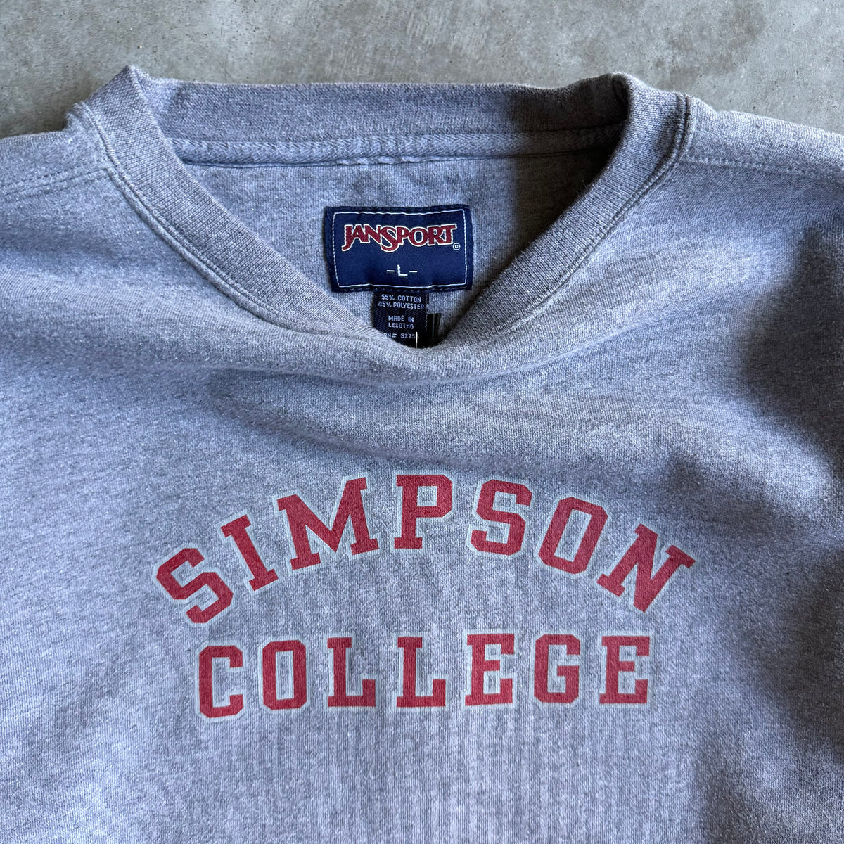 Y2K JanSport Simpson College Spell-Out Gray Sweatshirt