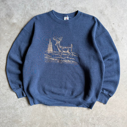 Vintage Navy Blue Gold Embroidered Whitetail Deer Sweatshirt